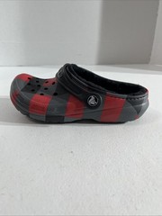 Crocs Classic Lined Red Gray Black Plaid Clog Sz J1