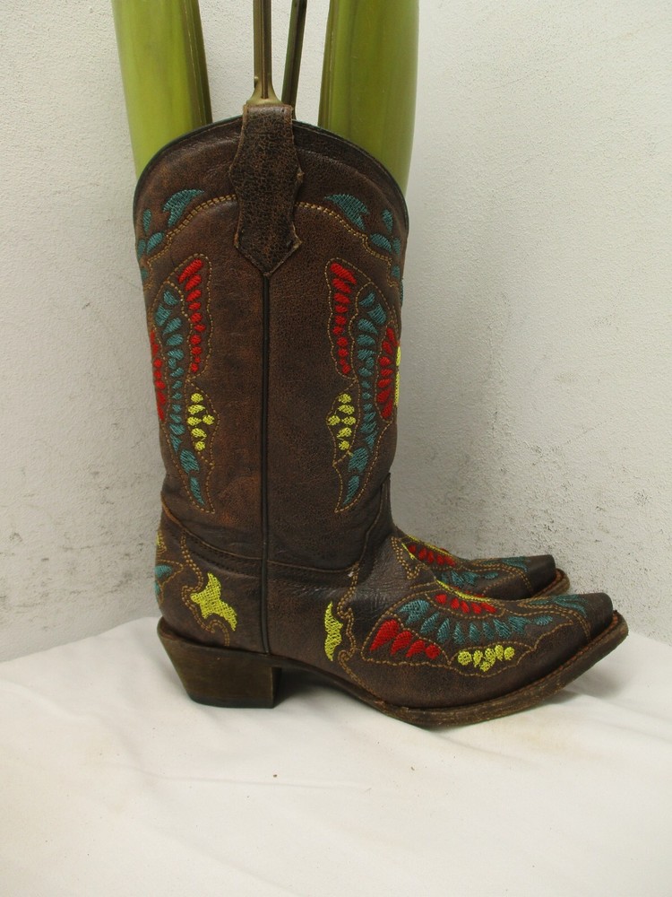 Corral Teens A1030 Western Brown Leather MultiColor Snip Toe Boots Teen Sz 4.5 T