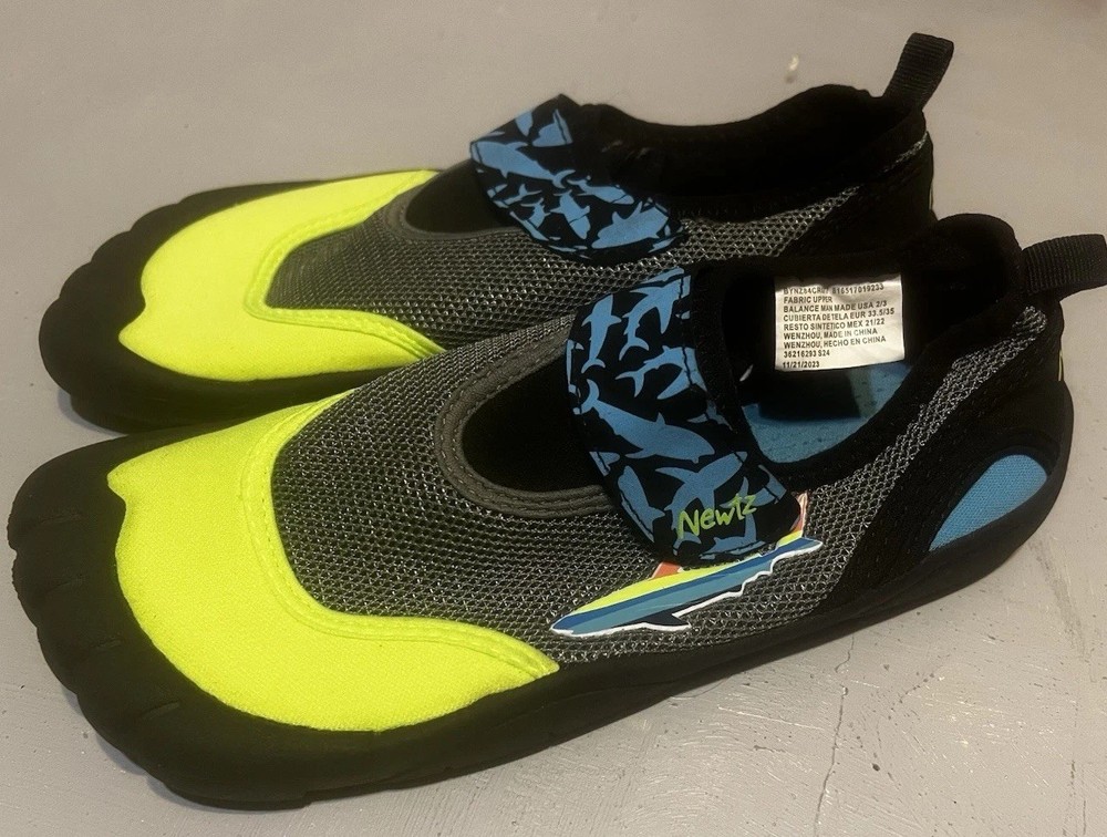 Newtz Kids Water Shoes Hook & Loop Mesh Rubber Black/Gray/Yellow/Blue 2/3