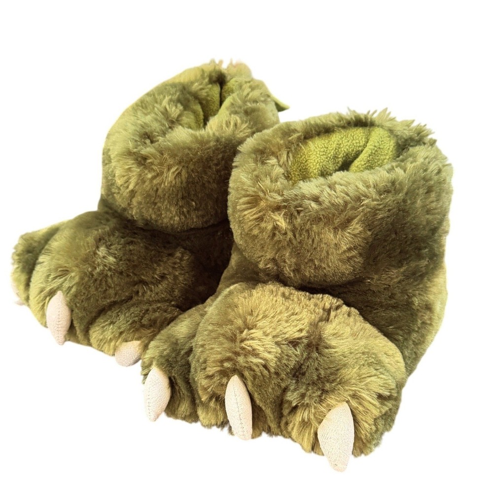LazyOne Kids Monster Paw Slippers S Green Fuzzy Dinosaur Claw Bear Feet Cozy