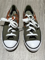 Converse Size 3 Dino Print Low-Top Sneakers Olive Green/Orange Great Condition