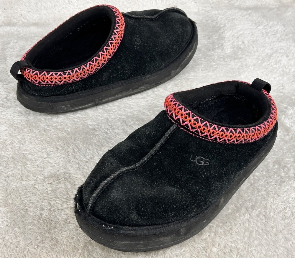 UGG Kids Sz 4 Tasman Slipper Black Suede Shearling Slip On Shoes 1019066K