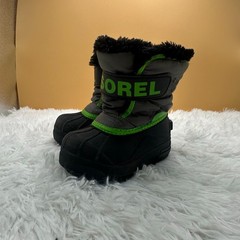 Sorel Snow Commander Boots Unisex Kids Sz 7 Black Green Grey Snow Shoes Faux Fur