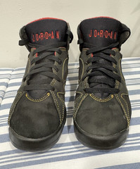 Jordan Air Jordan 7 Retro Leather Mid Top Sneaker Black/Red/Yellow Kids 4Y