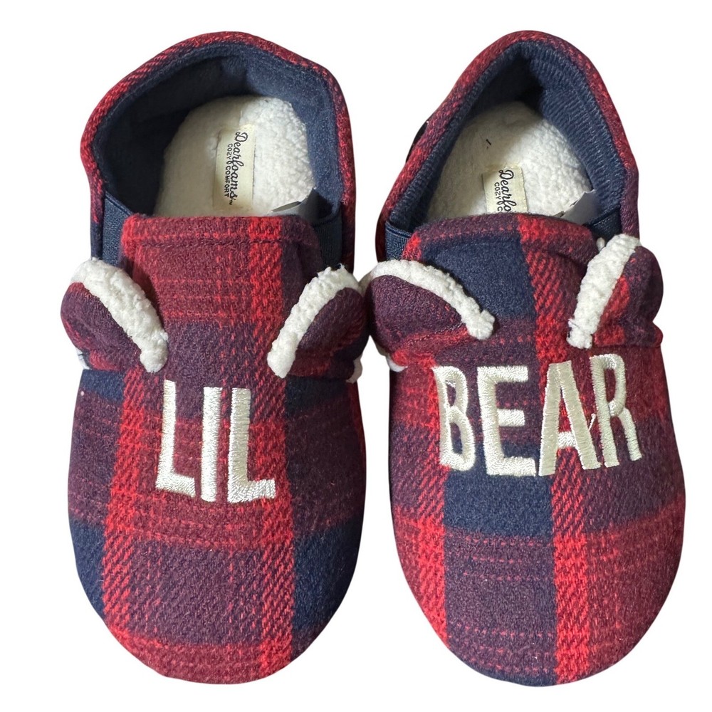 Dearfoams Kids LIL BEAR Plaid Flannel Cozy Slippers Size 11-12 US