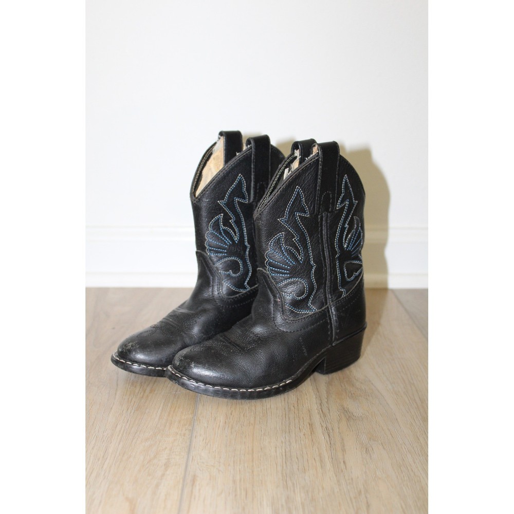 Kids Black Leather Western Cowboy Boots Blue Stitching Round Toe Size 9