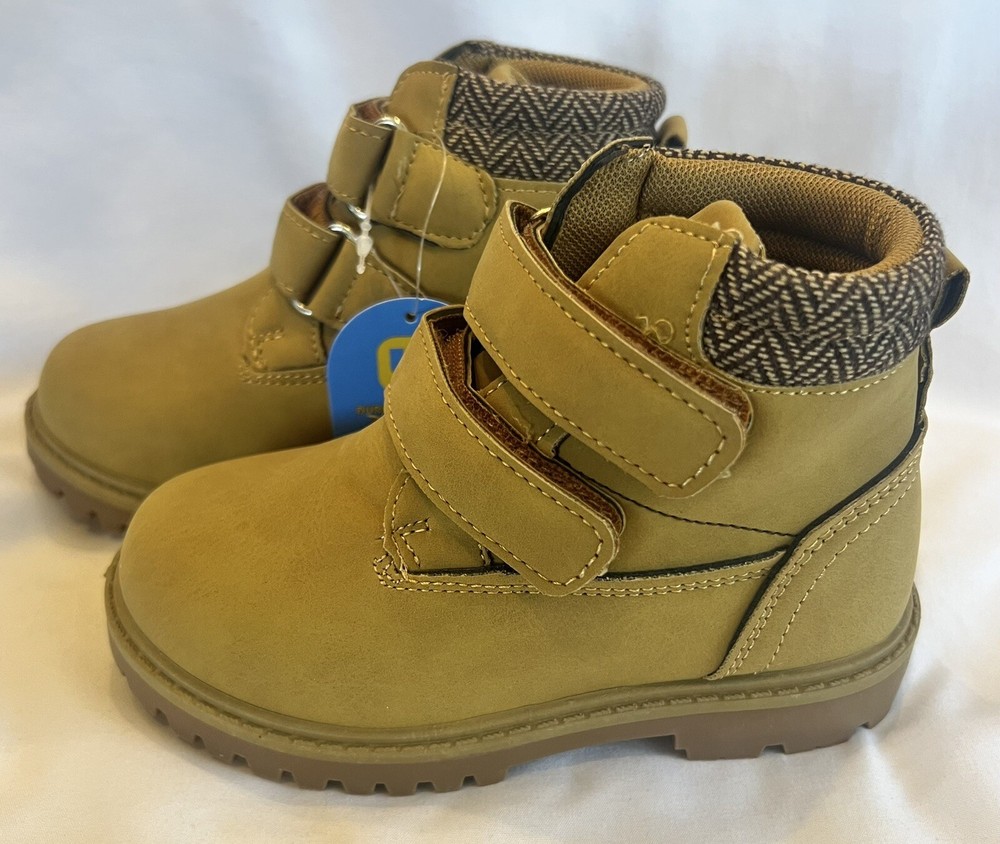 Tobfis Kids Waterproof Work Boots Size 8 Tan Double Hook & Loop Strap Closures
