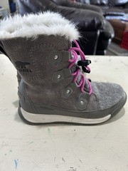 Sorel Explorer Youth Lace Boots Waterproof Gray Pink Fur Trim Size 1 Girls EUC