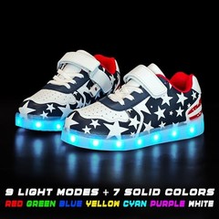 Kids LED Sneakers for Boys Hook&Loop Low Light Up Shoes 4 Big Kid White Blue