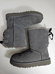 UGG Gray Suede Fur Lined Bow Ribbon Boots Unisex Kids US 5 EU 36 1110706