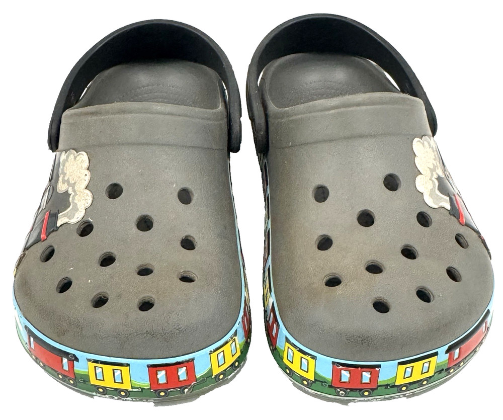Crocs Kids Classic Clogs Train Print Gray Black C11 Steam Engine Slip On Shoes