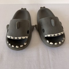 Playful Shark Accent Gray Slide Sandals, Rubber Slip-On Kids, Size 210MM (2/3Y)