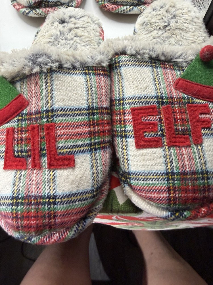Slippers Holiday ELF Christmas Slippers 1-Adult And 2 Kids Faux Fur Plaid