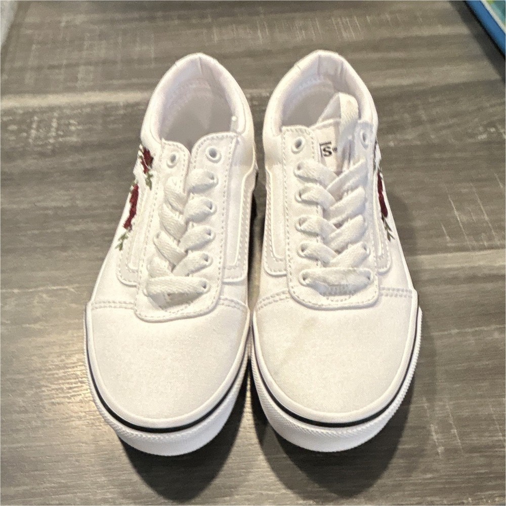 VANS Ward White Canvas Floral Embroidered Low Top Sneaker US 1 Unisex Kids