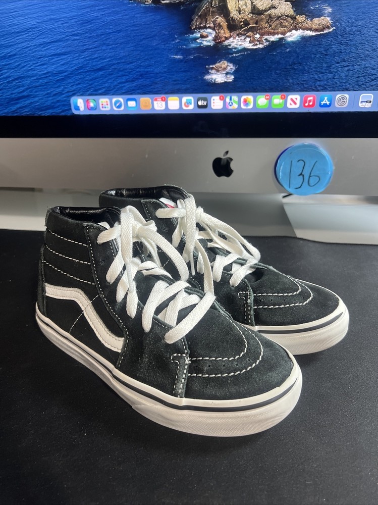 VANS SK8-HI BLACK/TRUE WHITE CANVAS SUEDE SKATE HIGH KIDS YOUTH SIZE 2
