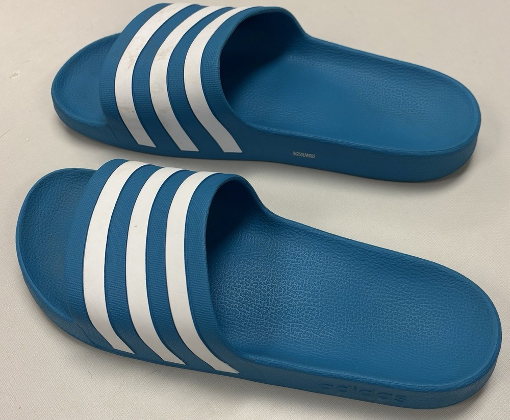 adidas Blue White Slide Sandals Striped Slip-On Summer Beach Pool Size 11
