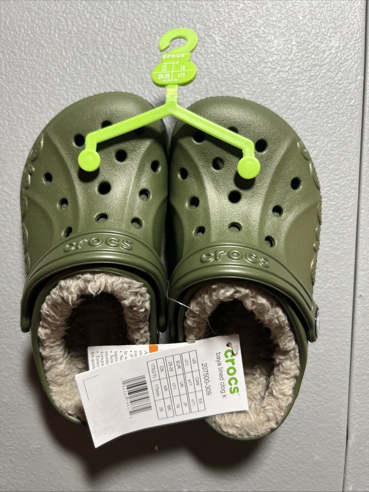 Original CROCS Baya Olive Army Green Clog with Plush Lining – Kids Size US C11