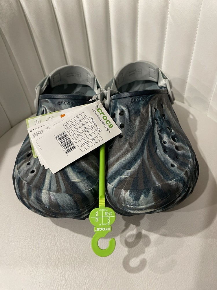 Crocs Echo Marble Clog Unisex Kids Sandal Gray Blue US J5 Slip On Lightweight