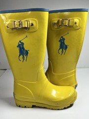 Polo Ralph Lauren Yellow Rain Boots Unisex Kids Size 1 Rubber Buckle Logo