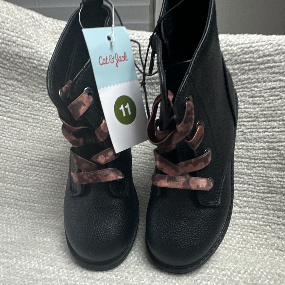 Cat & Jack Combat Ankle Boots Kids Size 11 Black/Pink Side Zip Faux Leather
