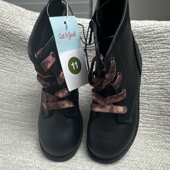 Cat & Jack Combat Ankle Boots Kids Size 11 Black/Pink Side Zip Faux Leather