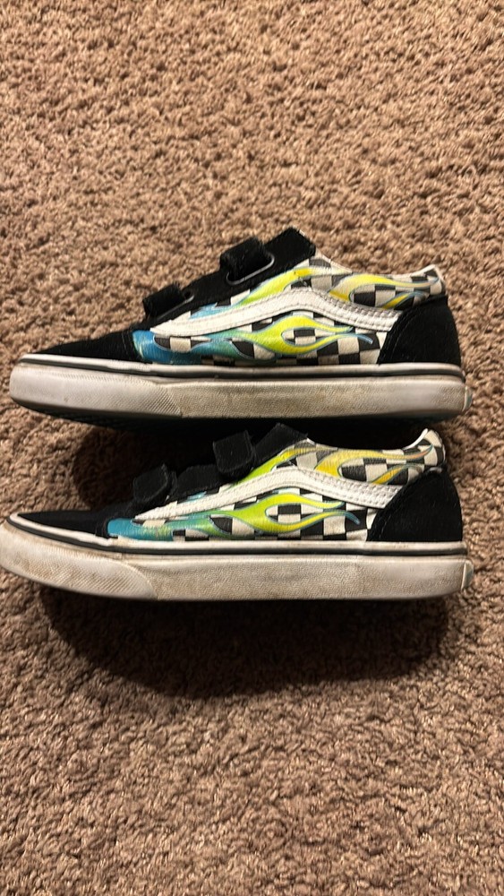 Vans Off the Wall Sneakers Blk/Wht Checkers w/ Flames & Hook And Loop Kids Sz 3