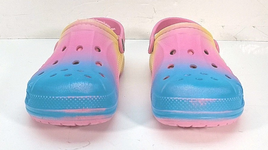 Crocs Rainbow Spray Fur Inside Tie Dye Clogs Kids Size J2 Blue Pink Yellow