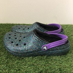 Crocs Classic Lined Clogs Black Purple Sparkles Size J5 JUNIOR