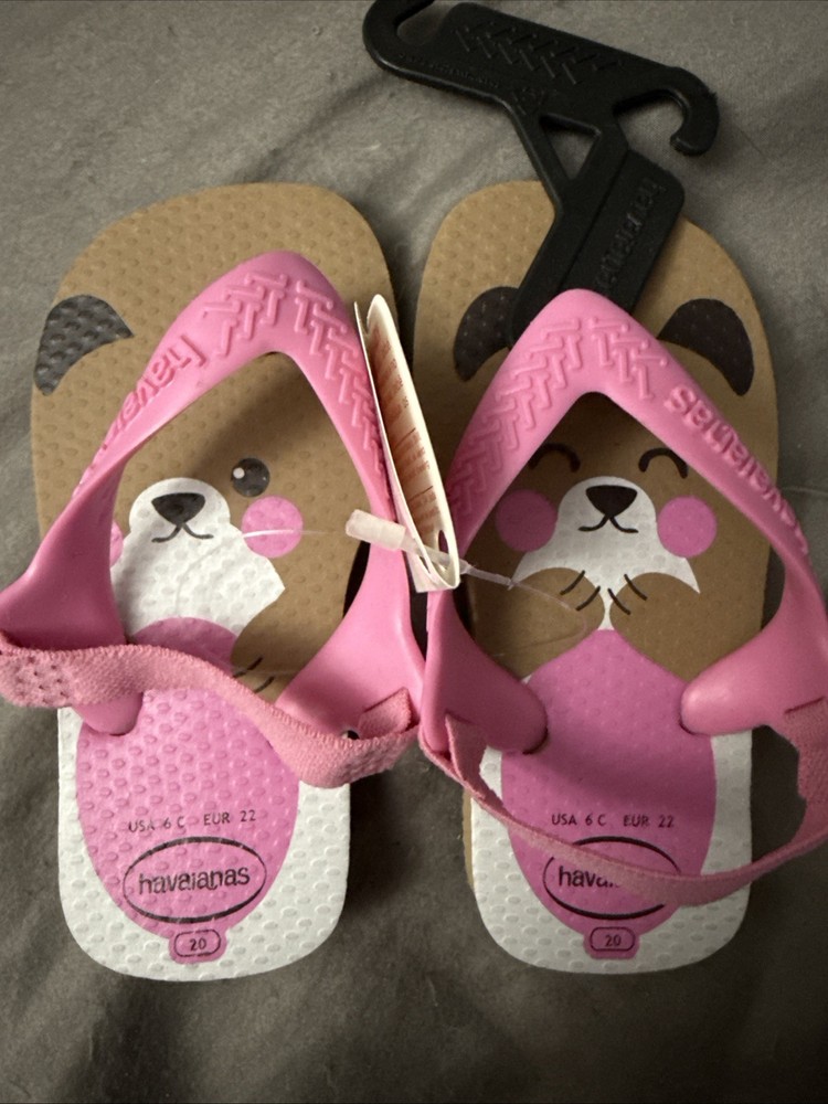 NWT HAVAIANAS FLIP FLOPS Pink & Brown Teddy BEAR Back Strap US 6 CHILD SANDALS