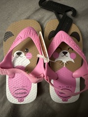 NWT HAVAIANAS FLIP FLOPS Pink & Brown Teddy BEAR Back Strap US 6 CHILD SANDALS