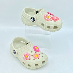 Crocs Clogs Kids 7 Beige Floral & Butterfly Charms Slip On Classic 10009455