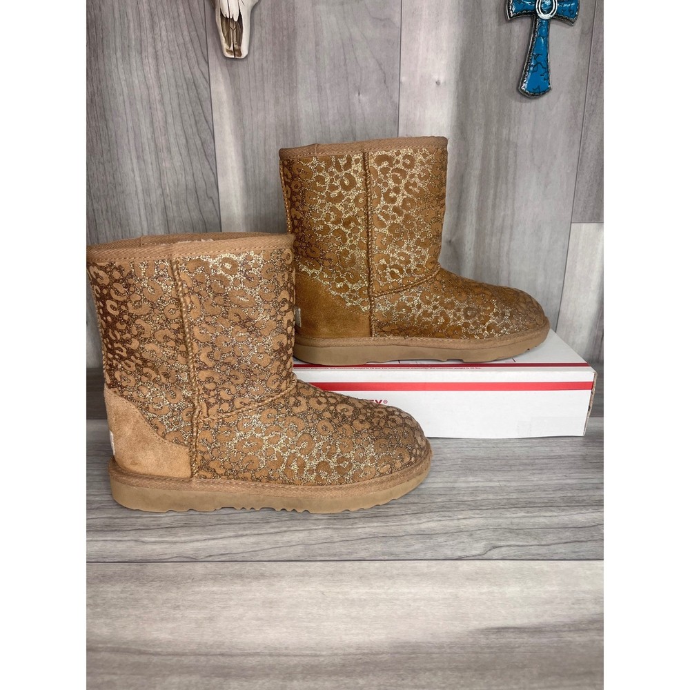 UGG Classic Short Boots Kids Size 3 Tan Gold Leopard Print Metallic Suede