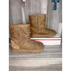 UGG Classic Short Boots Kids Size 3 Tan Gold Leopard Print Metallic Suede