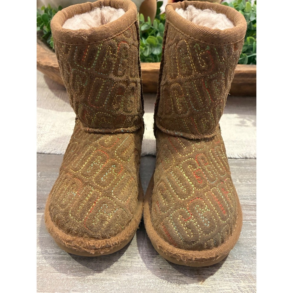 UGG Australia Classic Short Rainbow Logo Embroidered Chestnut Suede Boots Kids