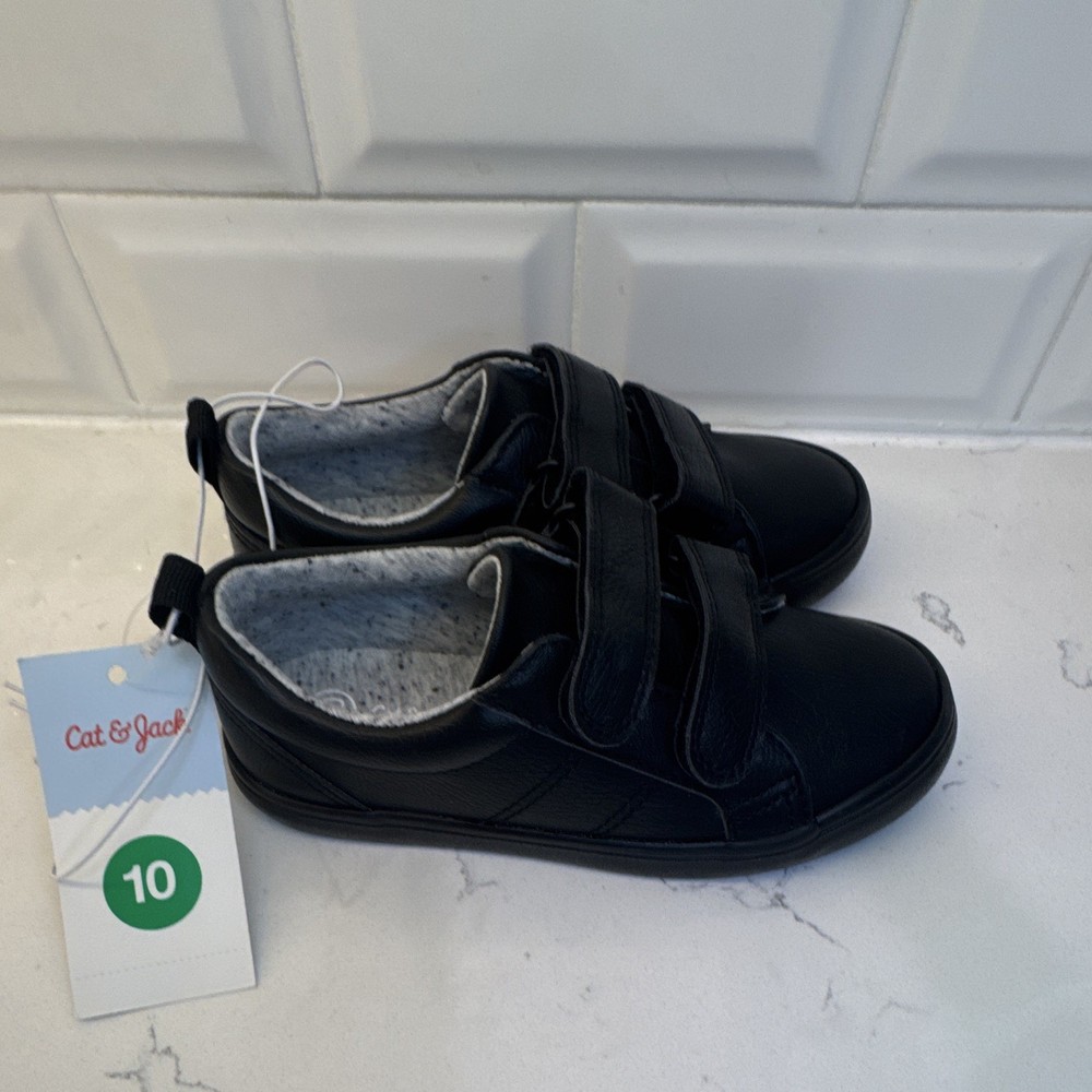 Cat & Jack Black Dynd Faux Leather Low Top Sneaker Hook & Loop Strap Kids 10