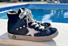 GOLDEN GOOSE BLACK SHIMMERING FABRIC SIDE ZIP HIGH TOP SNEAKERS Sz EUR 31 USA 13