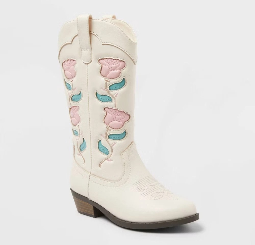 New Art Class Kids‘ Emberly Embroidered Western Boots, Ivory, Size 13, Mid Calf