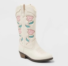 New Art Class Kids‘ Emberly Embroidered Western Boots, Ivory, Size 13, Mid Calf