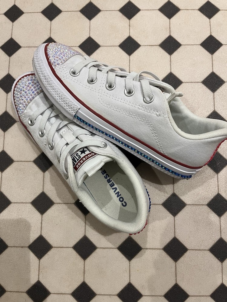 Custom-bedazzle Converse Chuck Taylor Low Kids 2.5 canvas red, white, &blue