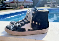 GOLDEN GOOSE BLACK SHIMMERING FABRIC SIDE ZIP HIGH TOP SNEAKERS Sz EUR 31 USA 13
