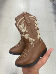 Unisex Kids Brown Western Pull-On Boots Embroidered Mid-Calf Round Toe Low Heel