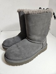 UGG Gray Suede Fur Lined Bow Ribbon Boots Unisex Kids US 5 EU 36 1110706