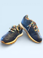 Reebok Classic Leather Sneakers Navy Blue w/ Colorful Stripe Laces Kids Size 9