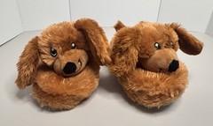 Build-A-Bear Plush Dog Slippers Kids Size M 12–13 Soft Brown Paw Print Soles