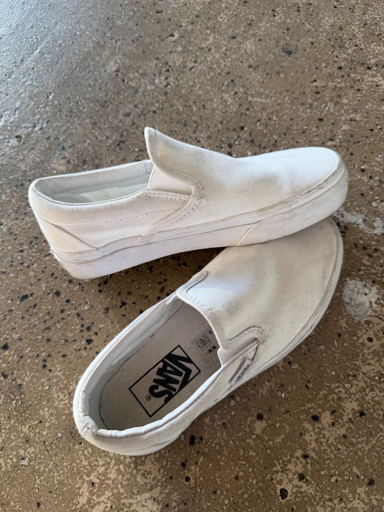 Vans Classic Slip-On Shoes White Canvas Skate Sneakers – US Women 5, Men 3.5