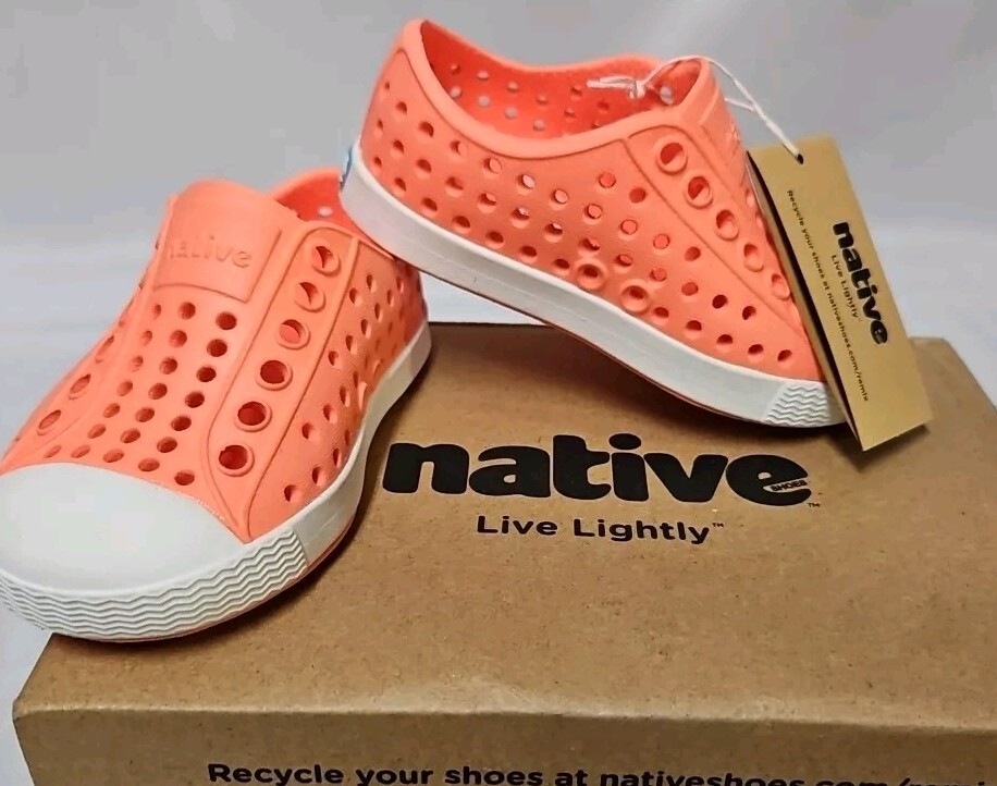 NATIVE Jefferson Popstar Orange Shell White Child Sz C4 Slip-on Shoes EUC W Box