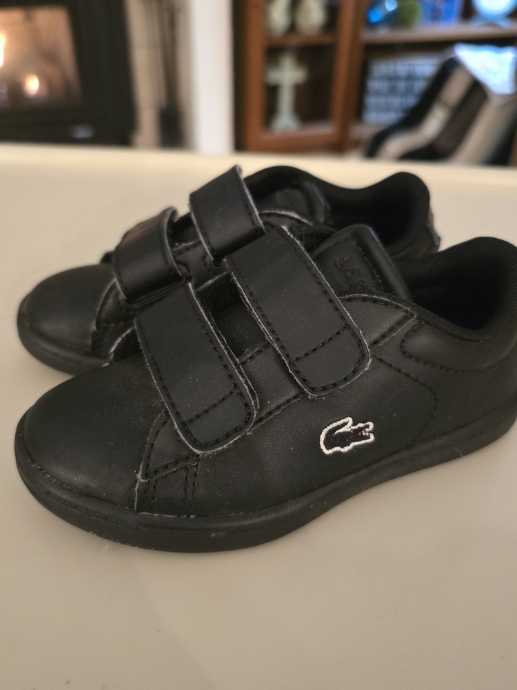 Lacoste Black Strap Shoes Little Boy Girl 8 Leather Sneakers No Tie Tennis Kid