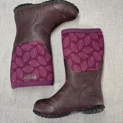 Bogs Kids Rain Boots Purple Leaf Print Burgundy Waterproof Insulated Size 12