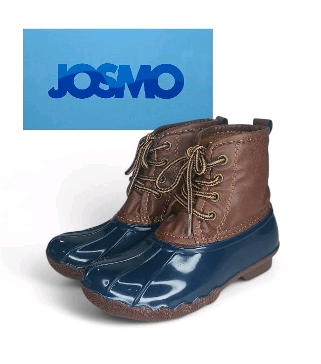 New Josmo Kid’s Duck Boots Navy Blue W/ Brown US Kids Size 1, Lace Up Rain Boots