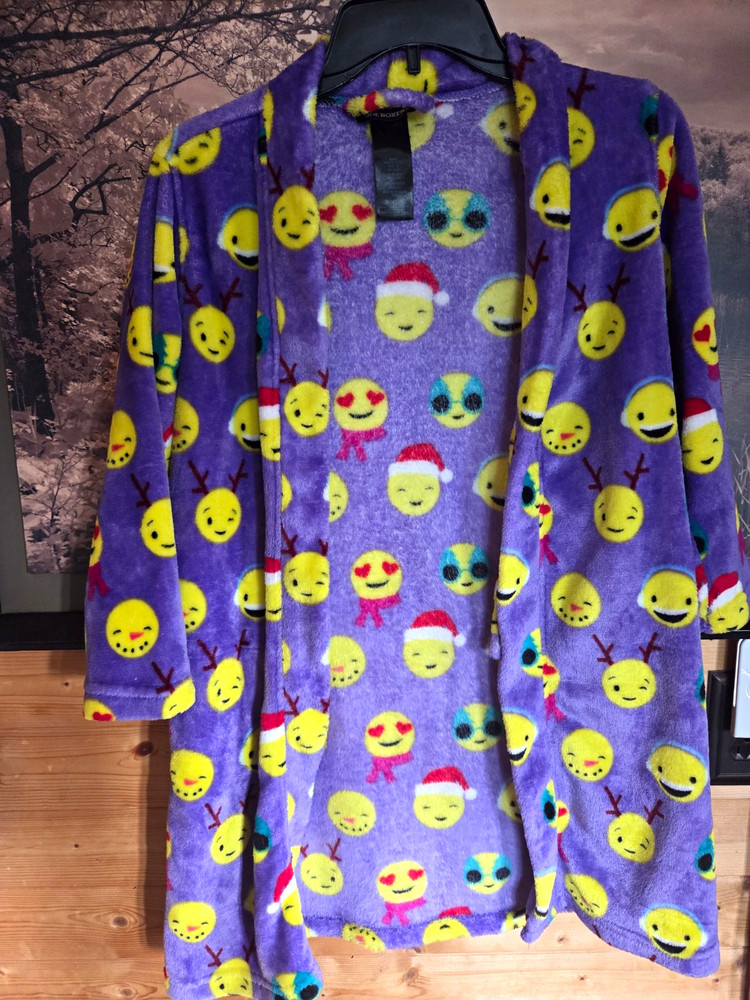Joe Boxer Kids Hooded Emoji Graphic Fleece Tie Robe Purple Size M